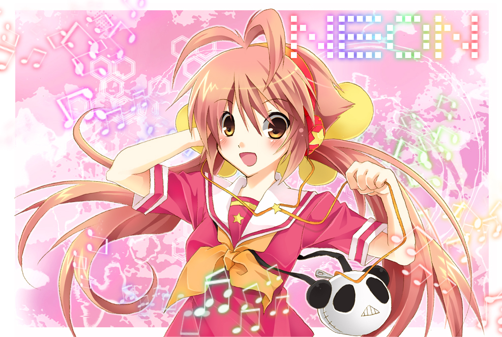 kuropochi, pochi (xxxsound), neon (nipponbashi project), nipponbashi project, bad id, bad pixiv id, 1girl, blush, female focus, headphones, musical note, open mouth, school uniform, serafuku, solo