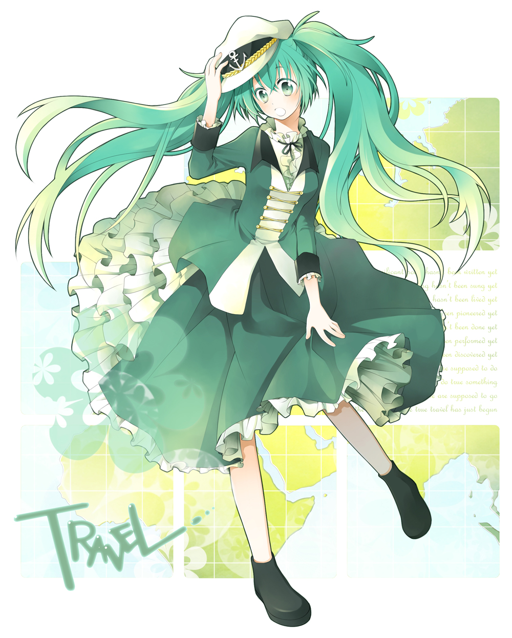 ninjin (charat7), hatsune miku, vocaloid, highres, 1girl, aqua eyes, aqua hair, dress, female focus, full body, hat, long hair, solo, twintails