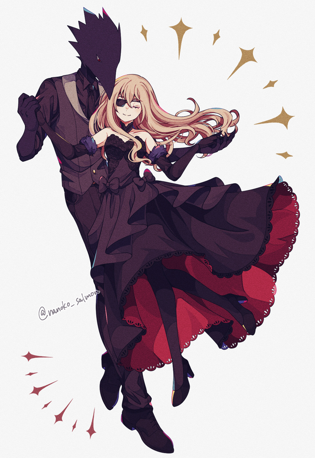 nanoko, caron (higyaku no noel), noel cerquetti, higyaku no noel, highres, spoilers, 1boy, 1girl, animal head, bare shoulders, bird boy, black dress, black gloves, black pantyhose, black skin, black suit, blonde hair, choker, closed eyes, colored skin, demon boy, dress, eyepatch, formal clothes, frilled dress, frills, gloves, long hair, pantyhose, sleeveless, sleeveless dress, suit, vest