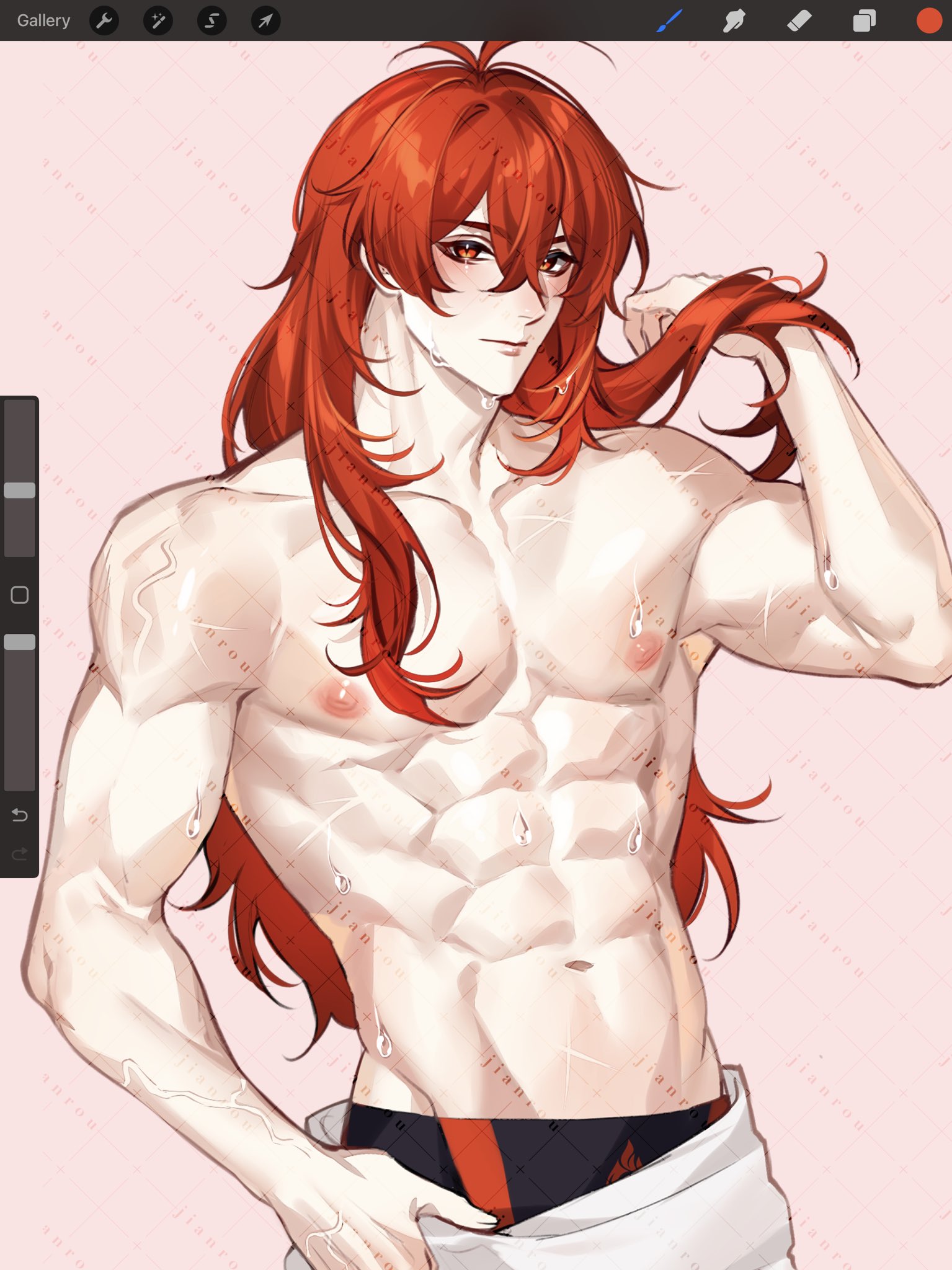 rourouki, diluc (genshin impact), genshin impact, highres, 1boy, abs, black male swimwear, closed mouth, hair between eyes, long hair, male focus, male swimwear, multicolored male swimwear, muscular, muscular male, navel, nipples, red eyes, red hair, solo, stomach, topless male, towel, towel around waist