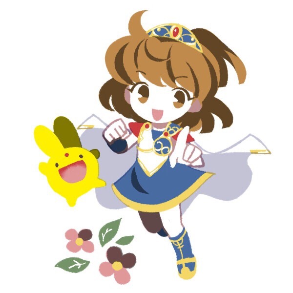 tanba (tanba-art), arle nadja, carbuncle (puyopuyo), madou monogatari, puyopuyo, 1girl, blue boots, boots, brown eyes, brown hair, cape, chibi, chibi only, crown, dress, flower, full body, index finger raised, open mouth, pink flower, short hair, solo, tiara, white cape