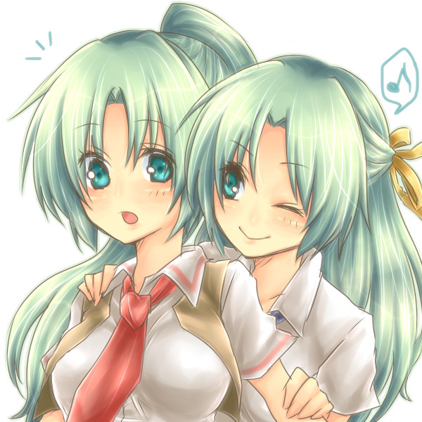 suguri raya, sonozaki mion, sonozaki shion, higurashi no naku koro ni, 00s, 2girls, green hair, half updo, multiple girls, musical note, one eye closed, siblings, sisters, twins, wink