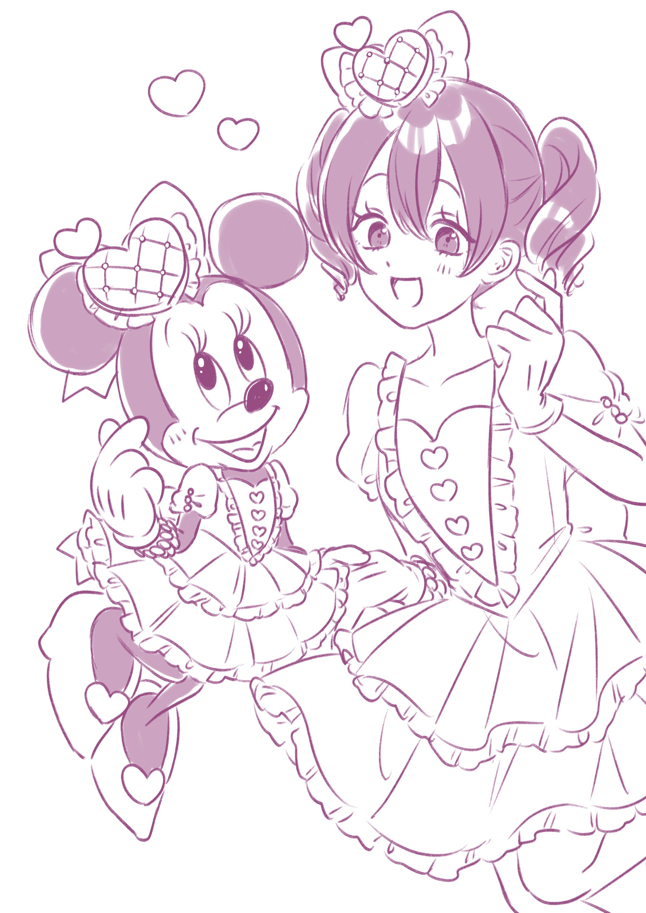 aoiyuuna 811, minnie mouse, disneyland, mickey mouse & friends, absurdres, highres, 1girl, animal ears, bow, dress, dual persona, gloves, hair bow, humanization, looking at viewer, mouse ears, open mouth, personification, polka dot, polka dot dress, polka dot skirt, shirt, short hair, skirt, smile, white gloves