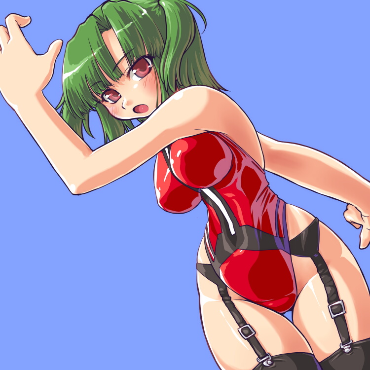 dd (ijigendd), hishimiya tsugaru, beatmania iidx, bemani, busou shinki, bad id, bad pixiv id, 10s, 1girl, :o, bare shoulders, blue background, blush, breasts, female focus, garter belt, green hair, hip focus, large breasts, leotard, looking at viewer, mecha musume, open mouth, red eyes, red leotard, short hair, simple background, solo, thigh gap, thighhighs, twintails, two side up