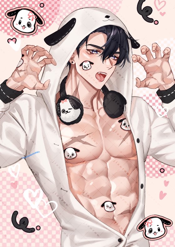 rourouki, wriothesley (genshin impact), genshin impact, 1boy, abs, animal ears, animal hood, black hair, dog ears, dog hood, earrings, grey eyes, hair between eyes, hood, hood up, jewelry, long sleeves, male focus, multicolored hair, muscular, muscular male, navel, open clothes, open mouth, open shirt, scar, scar on chest, scar on neck, short hair, solo, sticker, sticker on face, stomach, streaked hair, tongue, tongue out, white hood