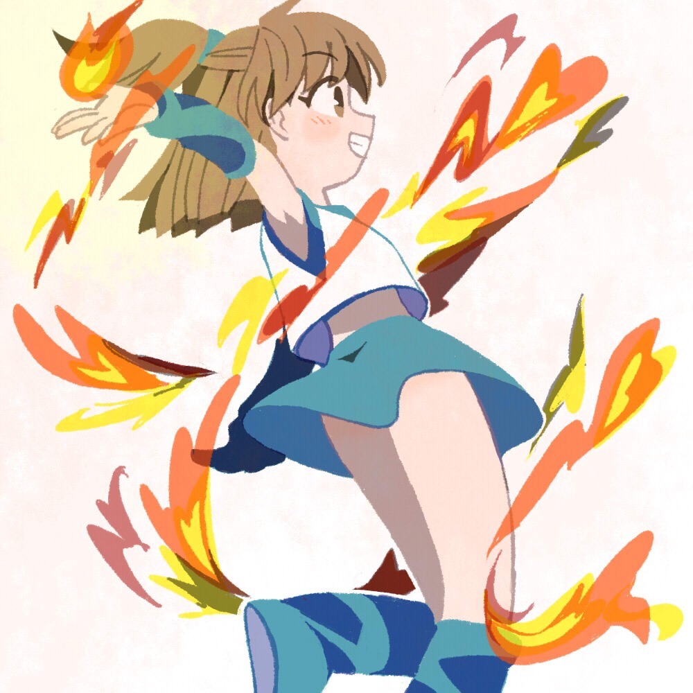 tanba (tanba-art), arle nadja, madou monogatari, puyopuyo, 1girl, blue boots, blue eyes, blue skirt, boots, brown eyes, brown hair, casting spell, fire, grin, looking ahead, midriff peek, miniskirt, ponytail, pyrokinesis, shirt, simple background, skirt, smile, solo, white background, white shirt, wristband