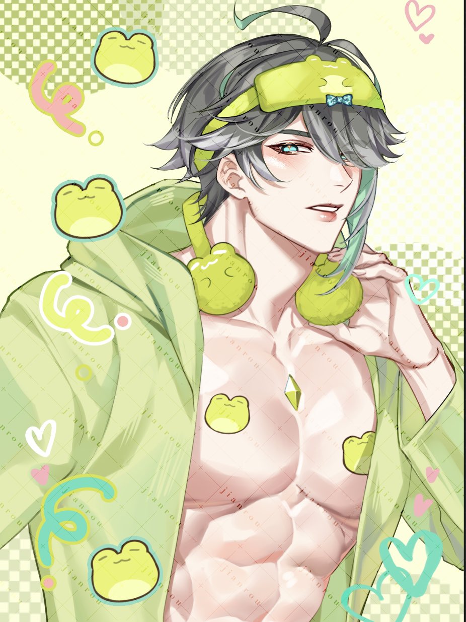 rourouki, alhaitham (genshin impact), genshin impact, highres, 1boy, abs, aqua eyes, aqua hair, blindfold, green shirt, grey hair, hair between eyes, hair over one eye, headphones, headphones around neck, long sleeves, male focus, multicolored hair, muscular, muscular male, open clothes, open shirt, shirt, short hair, simple background, solo, streaked hair, white hair