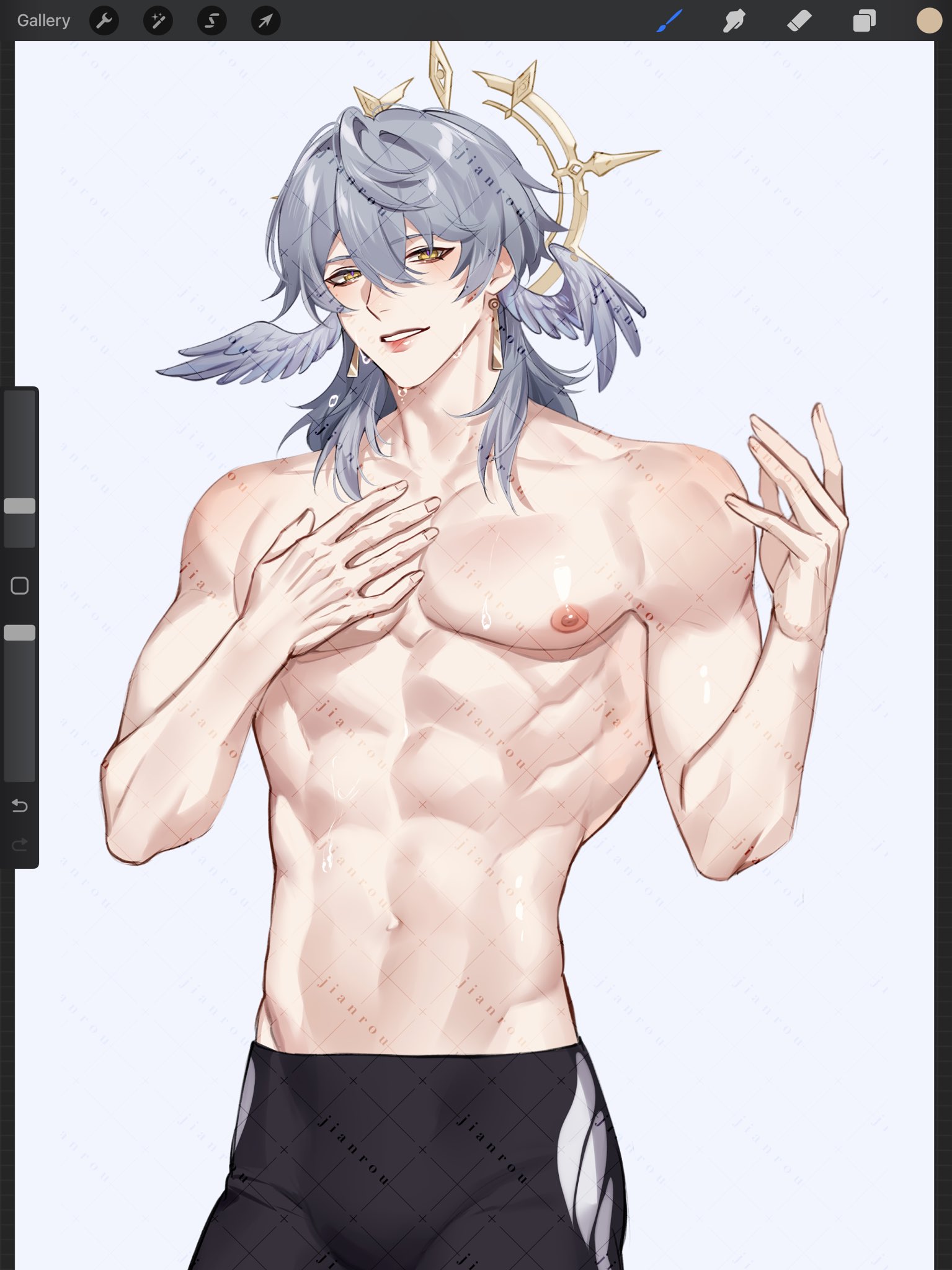 rourouki, sunday (honkai: star rail), honkai: star rail, honkai (series), highres, 1boy, abs, black male swimwear, earrings, grey hair, hair between eyes, halo, halo behind head, head wings, jewelry, long hair, male focus, male swimwear, muscular, muscular male, navel, nipples, smile, solo, stomach, topless male, wings, yellow eyes