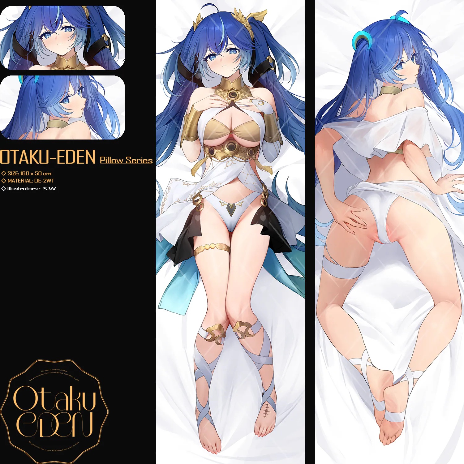 otakueden1995, iuno (wuthering waves), wuthering waves, artist request, commentary request, highres, merchandise available, second-party source, 1girl, ahoge, alternate breast size (larger), ancient greek clothes, ass, bare shoulders, black skirt, blue eyes, blue hair, blush, breasts, bridal gauntlets, cleavage, closed mouth, dakimakura (medium), feet, greco-roman clothes, hand on own ass, hands on own chest, jewelry, knees together feet apart, large breasts, laurel crown, leg wrap, logo, long hair, looking at viewer, looking back, multicolored hair, multiple views, panties, partially visible vulva, showgirl skirt, single bridal gauntlet, skirt, soles, streaked hair, tacet mark (wuthering waves), thighlet, thighs, toes, twintails, underwear, vambraces, white bridal gauntlets, white panties