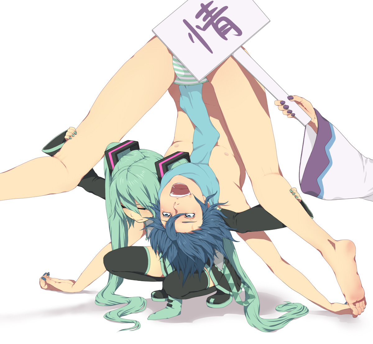 nayu, hatsune miku, kaito (vocaloid), kamui gakupo, vocaloid, translated, 1girl, 2boys, aqua hair, aqua nails, barefoot, blue eyes, blue hair, blue scarf, censored, convenient censoring, feet, kinniku buster, long hair, multiple boys, nail polish, pain, panties, pantyshot, saliva, scarf, short hair, simple background, skirt, smile, tears, thighhighs, twintails, underwear, upskirt, what
