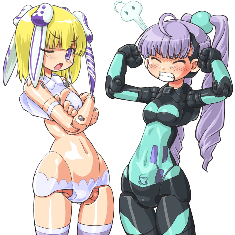 dd (ijigendd), yda, zyrdarya, busou shinki, bad id, bad pixiv id, 10s, blonde hair, blue eyes, doll joints, high ponytail, joints, mecha musume, navel, ponytail, purple hair, simple background, white background
