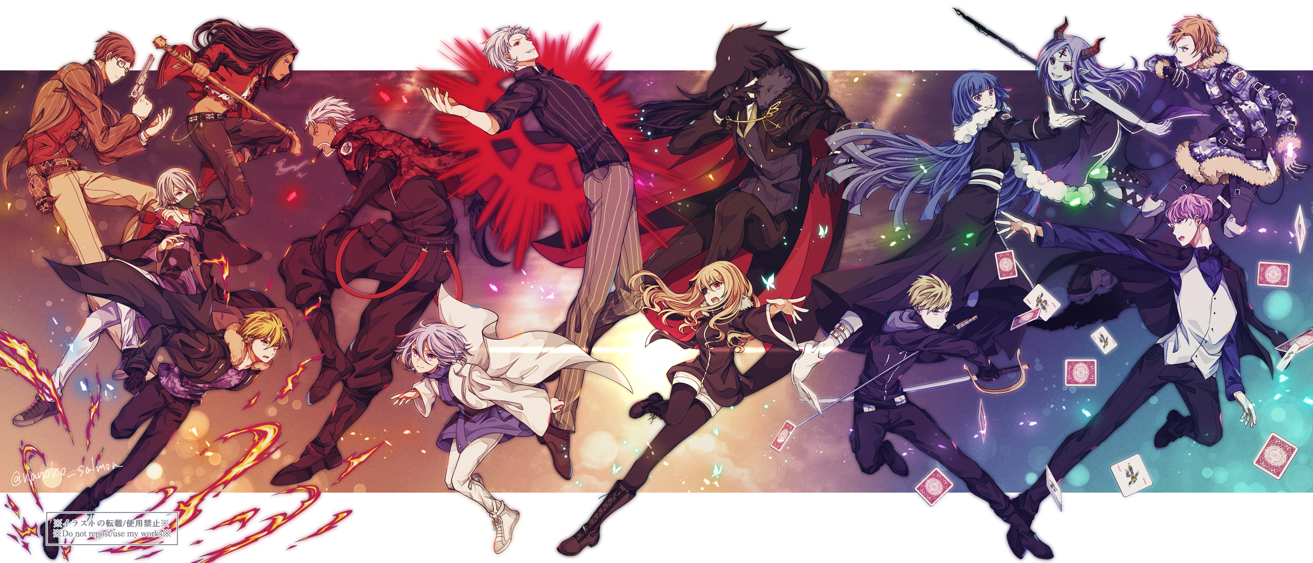 nanoko, caron (higyaku no noel), fugo dressel, jillian littner, noel cerquetti, oscar dressel, higyaku no noel, absurdres, highres, 6+boys, aerosol, agatha flattz, animal head, bandana, bandana over mouth, bird boy, black hair, black pantyhose, black sclera, black skin, black suit, blonde hair, blue eyes, blue hair, blunt bangs, brothers, brown hair, burn scar, camouflage, camouflage jacket, card, colored sclera, colored skin, crowbar, cutlass, dark-skinned female, dark skin, demon boy, demon girl, demon horns, dratton bergman, dress, eyepatch, fire, formal clothes, fur-trimmed jacket, fur trim, glasses, grey hair, grey skin, gun, hair over one eye, holding, holding crowbar, holding gun, holding scythe, holding weapon, hood, hoodie, horns, jacket, jino lorenzi, lauro maestri, long hair, luce marie, multicolored hair, multiple boys, old, old man, orange hair, pantyhose, pink hair, playing card, purple eyes, purple hair, red eyes, red jacket, red vest, ribelio strada, russell burrows, scar, scar on face, scar on forehead, scythe, severed arm, severed limb, short hair, shorts, siblings, smile, spica (higyaku no noel), spray can, streaked hair, suit, vest, weapon, zoe taska