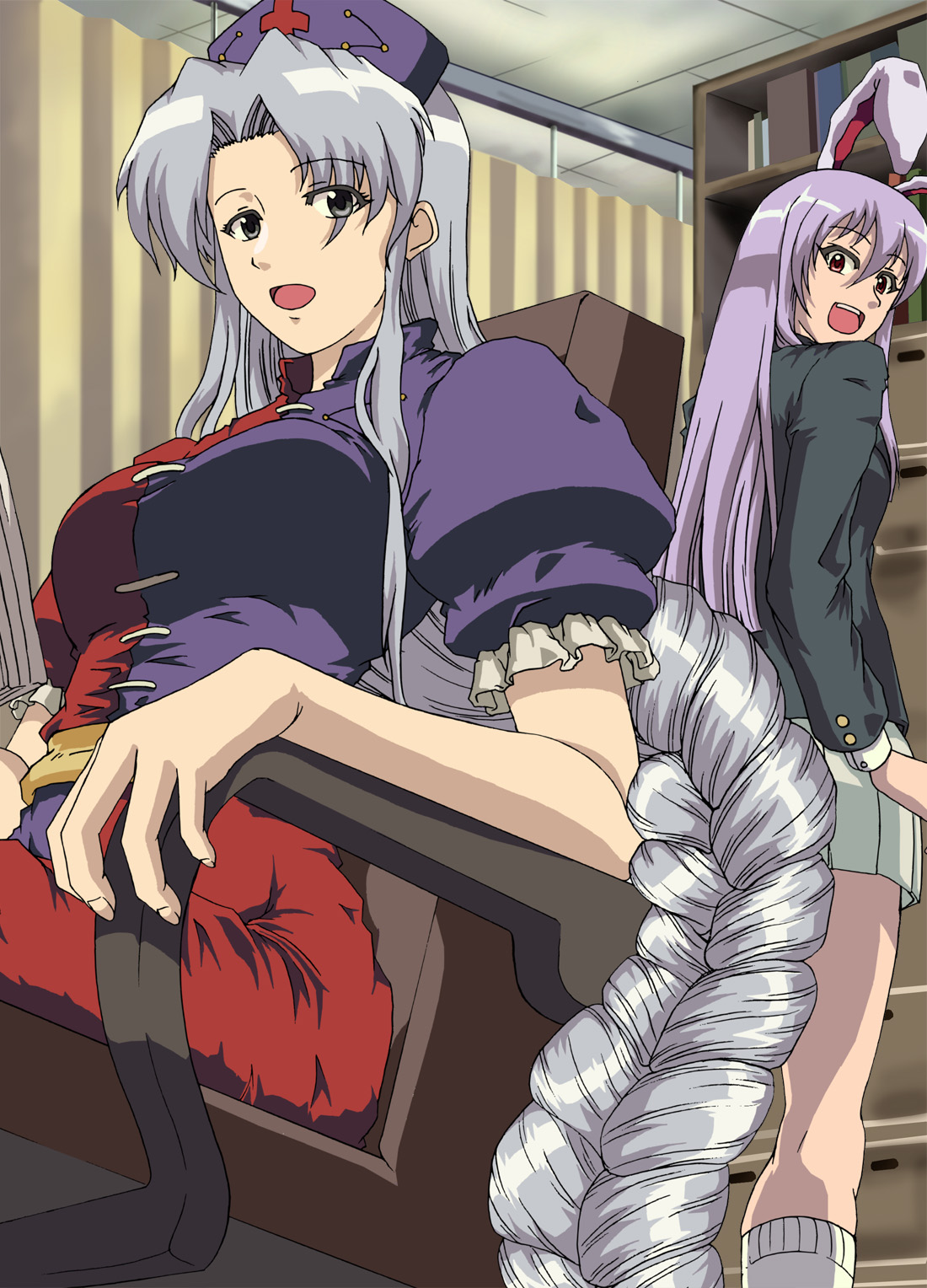 baiken (artist), moss (sphere211), reisen udongein inaba, yagokoro eirin, touhou, silver hair, bad id, bad pixiv id, highres, 2girls, animal ears, blazer, braid, female focus, grey eyes, hat, jacket, long hair, multiple girls, open mouth, pleated skirt, purple hair, rabbit ears, red eyes, sitting, skirt, very long hair