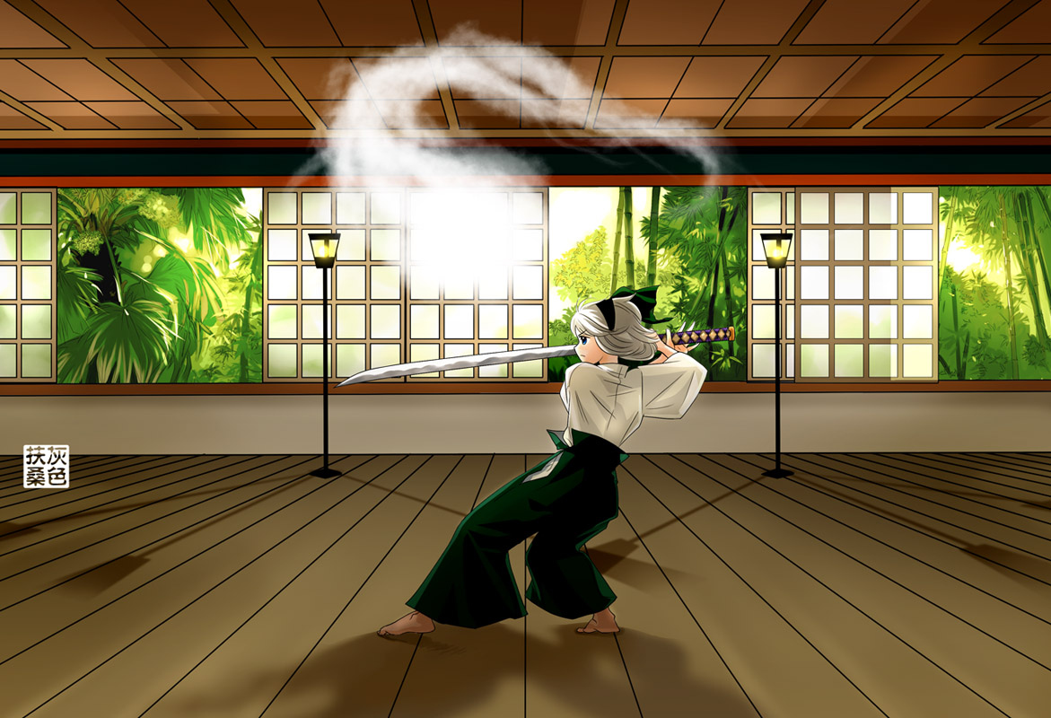 grayfair, konpaku youmu, konpaku youmu (ghost), touhou, silver hair, 1girl, barefoot, blue eyes, female focus, ghost, hairband, hakama, hakama skirt, hitodama, japanese clothes, katana, short hair, skirt, solo, sword, weapon, wooden floor