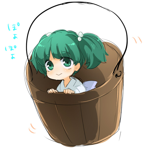 machiko (beard), kisume, touhou, 1girl, :>, bucket, female focus, green eyes, green hair, hair bobbles, hair ornament, in bucket, in container, looking up, matching hair/eyes, no nose, solo, white background