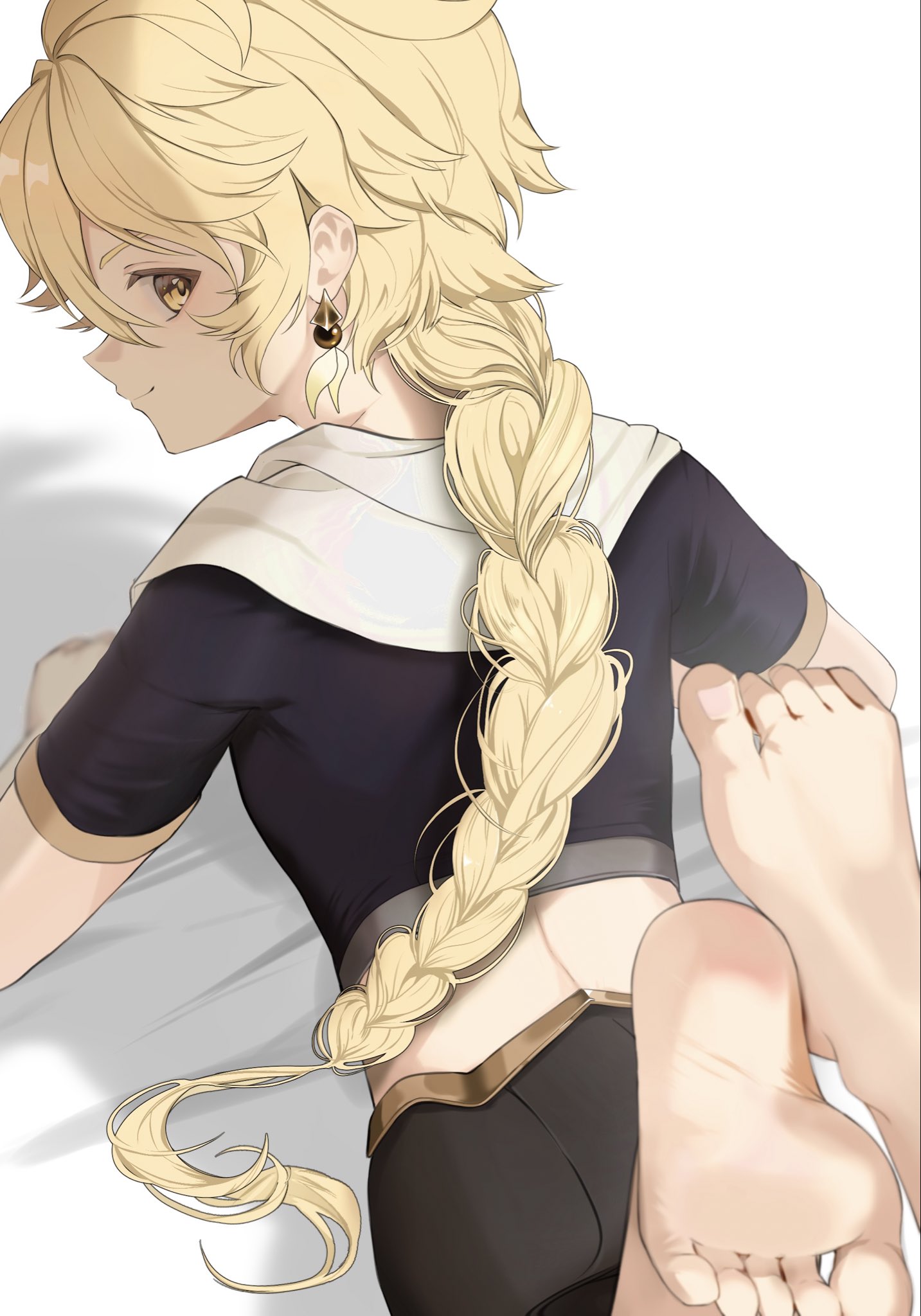 sahi00000, aether (genshin impact), genshin impact, highres, 1boy, back, barefoot, black pants, black shirt, blonde hair, braid, braided ponytail, closed mouth, crop top, earrings, feet, hair between eyes, jewelry, long hair, looking back, male focus, pants, shirt, single braid, single earring, solo, toes, yellow eyes