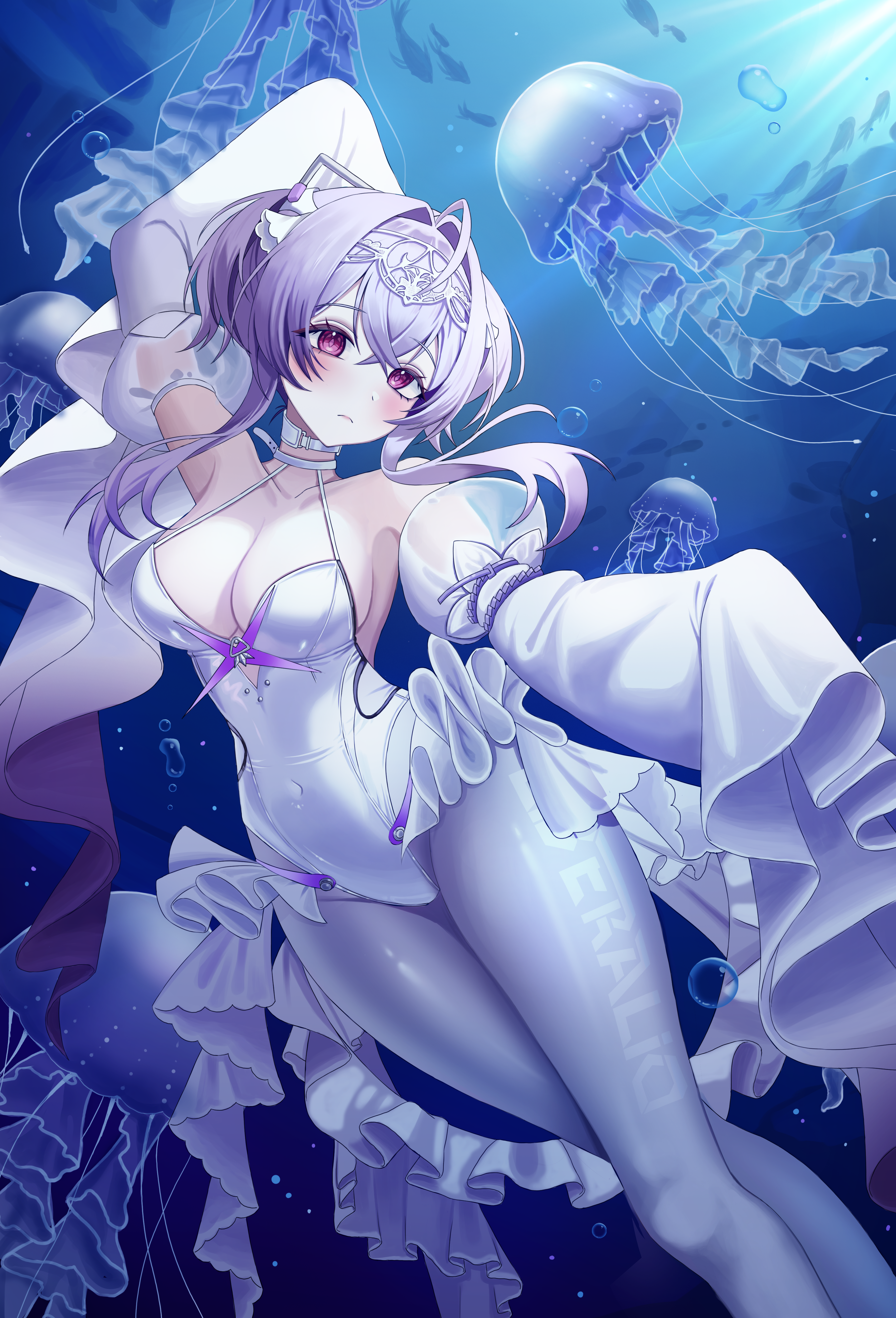 yurang heart, liberalio (nikke), goddess of victory: nikke, absurdres, commentary request, highres, 1girl, animal, arm up, blush, breasts, circlet, closed mouth, clothes writing, collar, covered navel, crossed bangs, detached sleeves, double-parted bangs, feet out of frame, frown, grey hiphighs, hair between eyes, hair intakes, hiphighs, jellyfish, large breasts, leotard, long bangs, long sleeves, ocean, pink eyes, print hiphighs, purple hair, short hair with long locks, sleeves past fingers, sleeves past wrists, solo, underwater, white collar, white leotard, white sleeves
