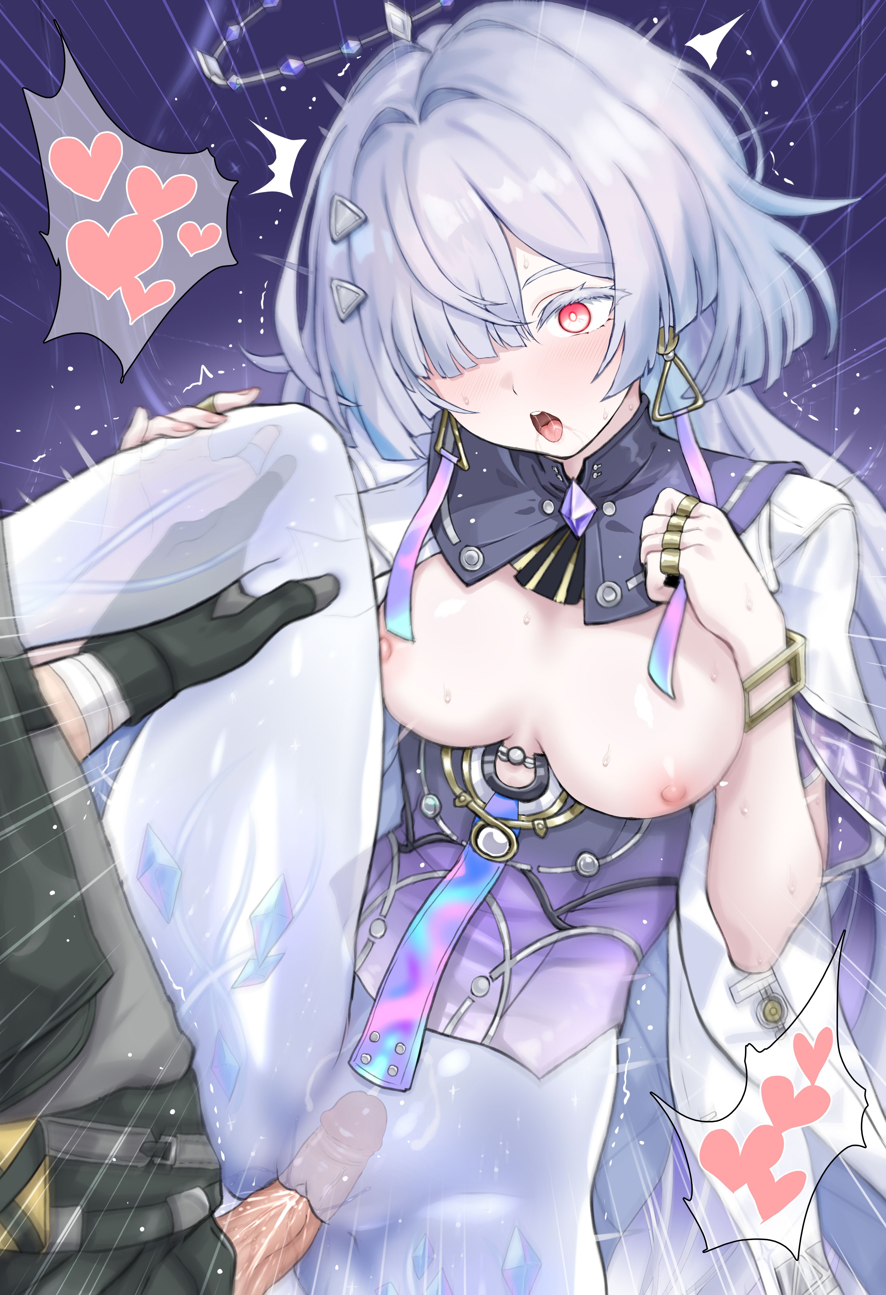 daram (shappydude), male rover (wuthering waves), mornye (wuthering waves), rover (wuthering waves), wuthering waves, absurdres, commentary request, highres, korean commentary, large variant set, variant set, 1boy, 1girl, alternate breast size (larger), black gloves, blush, breasts, breasts apart, breasts out, clitoris, colored eyelashes, cum, dress, earrings, ejaculation, female ejaculation, gloves, grey hair, hair intakes, hair ornament, hair over one eye, hand up, hands up, heart, hetero, internal cumshot, jacket, jewelry, leg lift, long hair, medium breasts, multiple rings, nipples, open mouth, penis, purple dress, pussy, red eyes, ring, see-through body, sex, solo focus, thighs, trembling, triangle earrings, uncensored, vaginal, white jacket