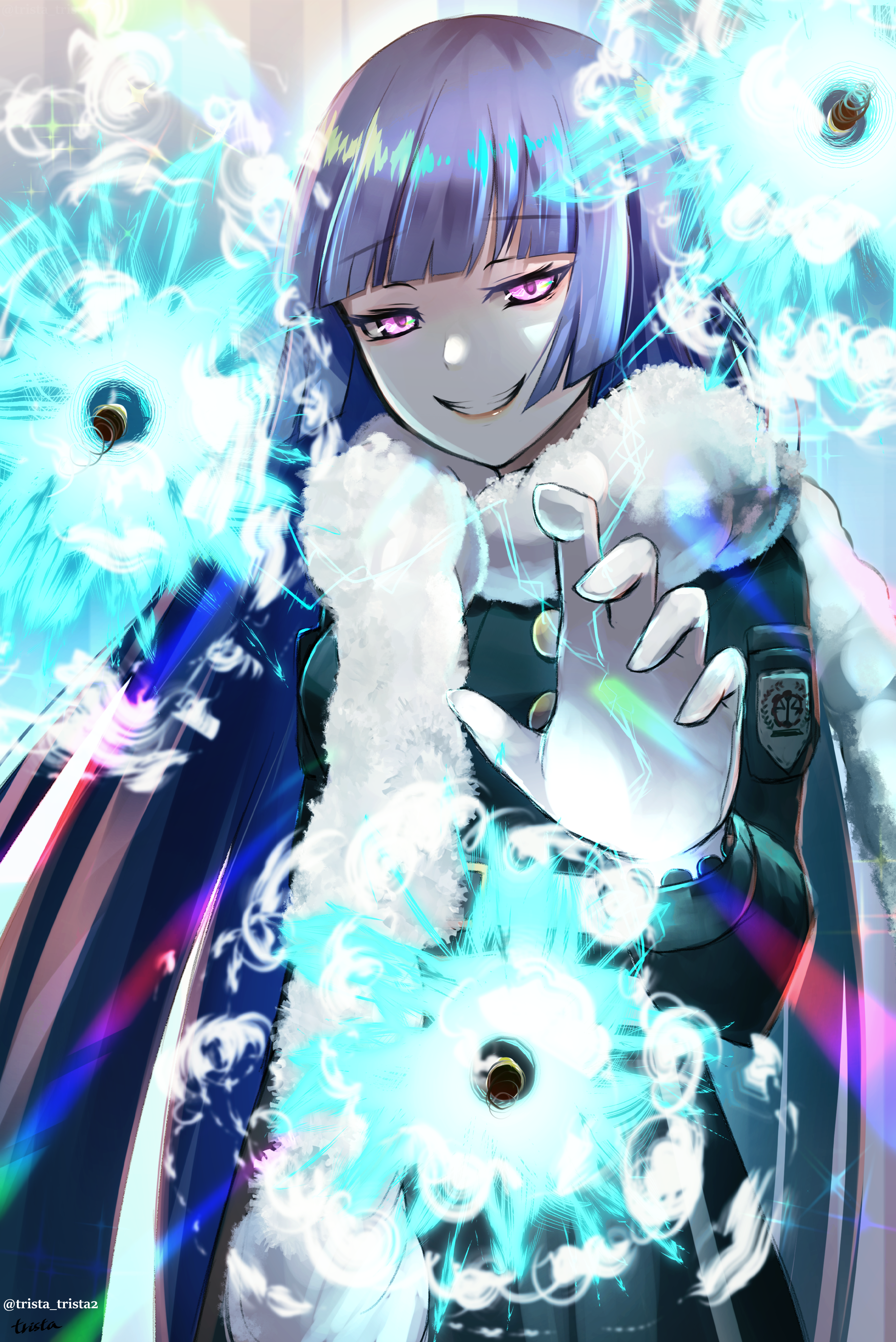 higyaku no noel, absurdres, highres, 1girl, black coat, blue hair, blunt bangs, coat, evil smile, gloves, luce marie, purple eyes, scarf, smile, solo, white gloves, white scarf, winter clothes, winter coat