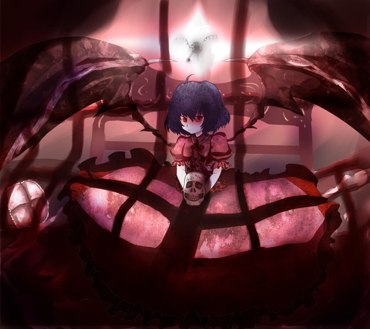 mifuru, flandre scarlet, remilia scarlet, touhou, bad id, bad pixiv id, 2girls, bat wings, expressionless, female focus, looking at viewer, multiple girls, purple hair, red eyes, short hair, skull, vampire, wings