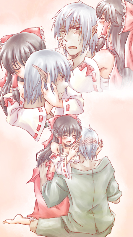 meg (artist), meg maru2, buront, elvaan, hakurei reimu, final fantasy, final fantasy xi, the iron of yin and yang, touhou, silver hair, bad id, bad pixiv id, 00s, 1boy, 1girl, barefoot, black hair, blush, bow, couple, crossover, detached sleeves, ear licking, elf, hetero, japanese clothes, licking, pointy ears, ribbon, sarashi