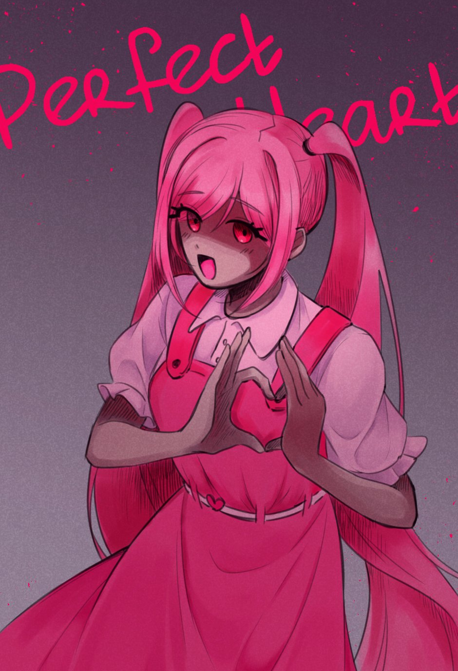 perfectheart (omori), omori, commentary, english commentary, highres, 1girl, :d, b hong, belt, breasts, character name, collared shirt, cowboy shot, dark-skinned female, dark skin, dress, eyes visible through hair, film grain, frilled sleeves, frills, from above, glowing, glowing eyes, grey background, hair between eyes, hair tie, hands up, hatching (texture), heart, heart belt, heart hands, long hair, no sclera, open mouth, pinafore dress, pink dress, pink eyes, pink hair, puffy short sleeves, puffy sleeves, purple eyes, shirt, short sleeves, sidelocks, simple background, sleeveless, sleeveless dress, small breasts, smile, solo, standing, swept bangs, tongue, twintails, very long hair, white belt, white shirt