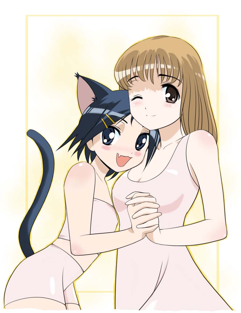 sabachiyo land, fukuji mihoko, ikeda kana, saki (manga), 00s, animal ears, blonde hair, fang, hair ornament, hairclip, one eye closed, wink