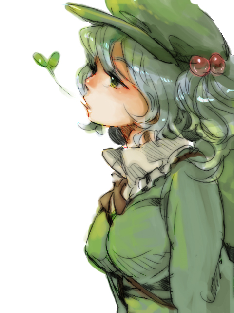 itoyo, kawashiro nitori, touhou, looking away, 1girl, between breasts, black bow, blue hair, bow, breasts, female focus, frills, from side, green eyes, green hat, green theme, hair bobbles, hair ornament, hat, leaf, mouth hold, plant, simple background, solo, two side up, upper body, white background