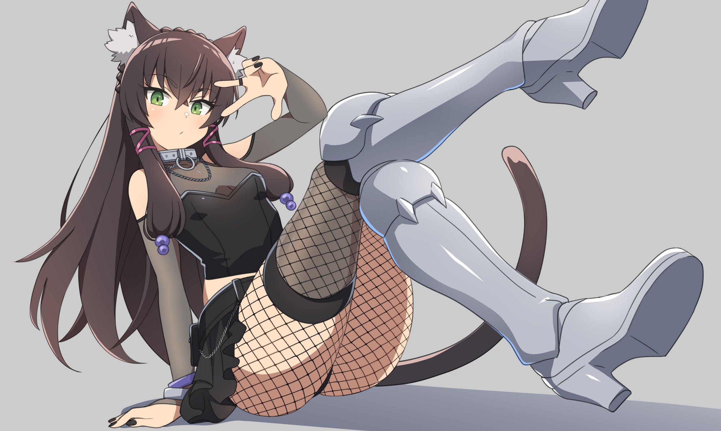 nekoromancer, isekai maou to shoukan shoujo no dorei majutsu, highres, self-upload, animal ear fluff, animal ears, belt pouch, black corset, black nails, black skirt, cat ears, cat girl, cat tail, chain, collar, corset, fishnets, goth fashion, green eyes, grey collar, metal collar, o-ring collar, panties, pantyshot, pouch, rem galeu, see-through clothes, skirt, tail, underwear