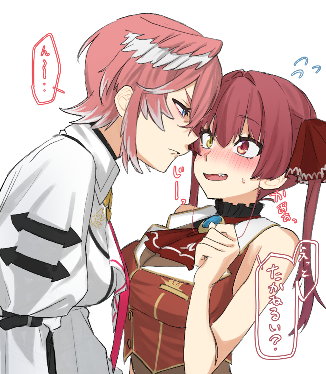 karakr shin, houshou marine, houshou marine (1st costume), takane lui, takane lui (1st costume), hololive, highres, translation request, ascot, blue eyes, blush, hair between eyes, hair ribbon, head wings, heterochromia, long hair, long sleeves, necktie, pink hair, red eyes, red hair, ribbon, shirt, short hair, skirt, sleeveless, twintails, virtual youtuber, white background, white shirt, wings, yellow eyes, yuri