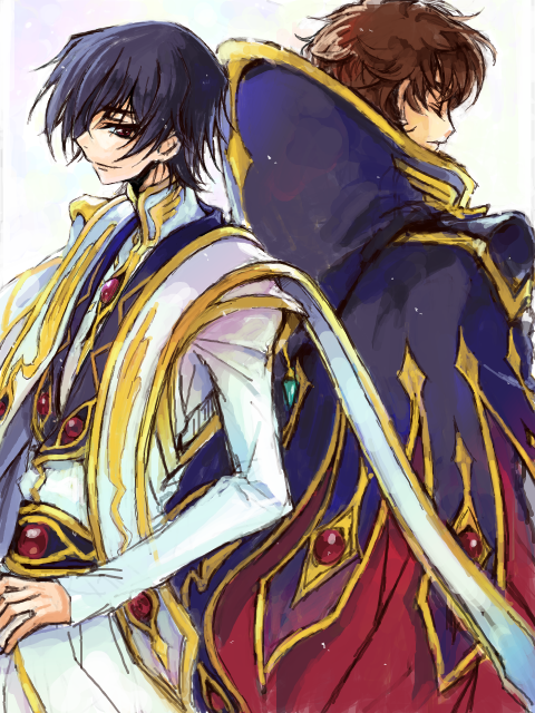 rahit, kururugi suzaku, lelouch vi britannia, code geass, 00s, 2boys, black hair, brown hair, cape, male focus, multiple boys, smile, white background
