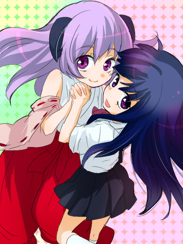 machiko (beard), furude rika, hanyuu, higurashi no naku koro ni, 00s, 2girls, blue hair, hakama, hakama skirt, horns, japanese clothes, multiple girls, purple hair, red hakama, skirt