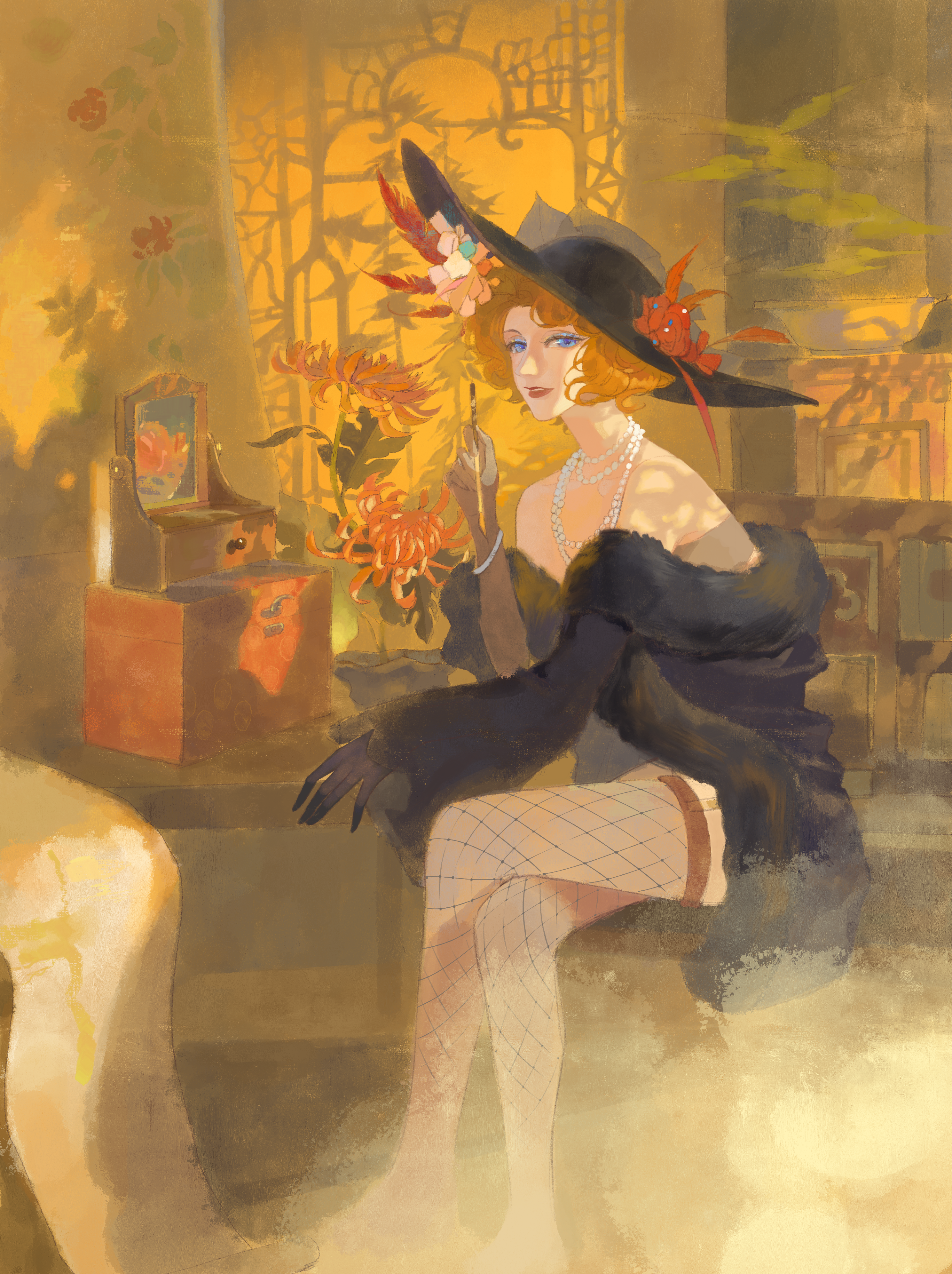 luori dianxin, lady pearl (path to nowhere), path to nowhere, absurdres, chinese commentary, commentary request, highres, 1girl, bare shoulders, bead necklace, beads, black dress, black gloves, black hat, blue eyes, blue eyeshadow, bonsai, crossed legs, curly hair, curtains, dress, eyeshadow, fascinator, feather boa, fishnet thighhighs, fishnets, flower, garter straps, gloves, hat, hat feather, hat flower, hat ornament, holding, holding paintbrush, indoors, jewelry, jewelry box, lipstick, long sleeves, looking at viewer, makeup, mirror, multiple necklaces, necklace, no shoes, nose, orange hair, paintbrush, parted lips, plant, potted plant, red flower, red lips, short dress, short hair, sitting, solo, thighhighs, window