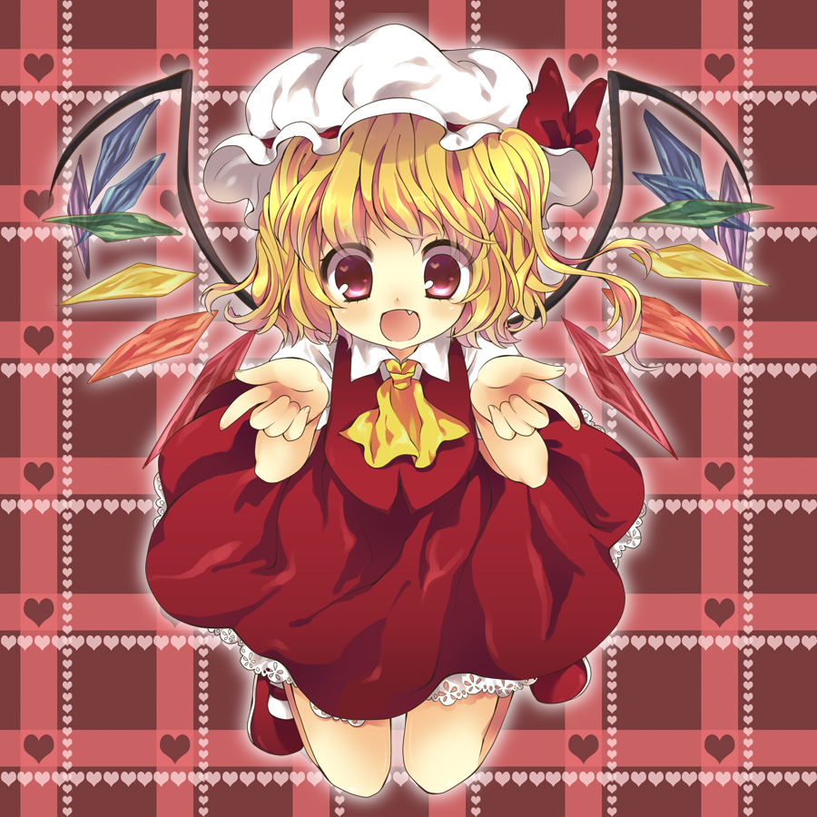 maki (natoriumu), flandre scarlet, touhou, bad id, bad pixiv id, 1girl, :d, blonde hair, fang, female focus, hat, heart, heart background, open mouth, ponytail, red eyes, short hair, side ponytail, simple background, smile, solo, wide-eyed, wings