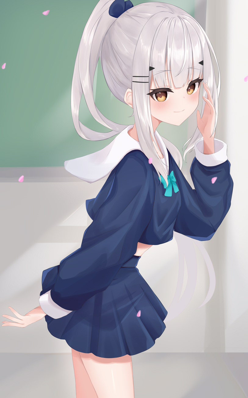 riya (01214), melusine (fate), fate/grand order, fate (series), highres, 1girl, blue bow, blue serafuku, blue shirt, blue skirt, bow, brown eyes, closed mouth, crop top, from side, grey hair, hand up, high ponytail, indoors, long hair, long sleeves, looking at viewer, looking to the side, midriff, petals, pleated skirt, ponytail, puffy long sleeves, puffy sleeves, sailor collar, school uniform, serafuku, shirt, skirt, smile, solo, very long hair, white sailor collar