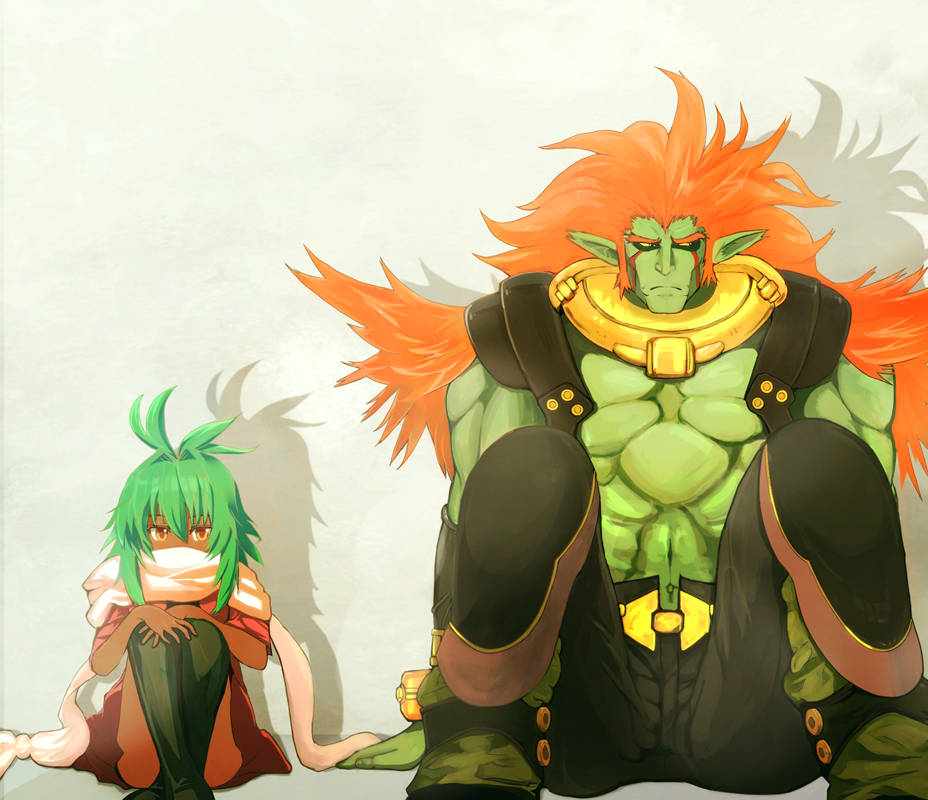 shinneko, emerada (xenogears), ricardo banderas, xenogears, bad id, bad pixiv id, 1boy, 1girl, colored sclera, colored skin, dark skin, green hair, green skin, long hair, muscular, navel, orange eyes, orange hair, pointy ears, red pupils, scarf, sitting, skirt, thighhighs, upskirt, yellow sclera