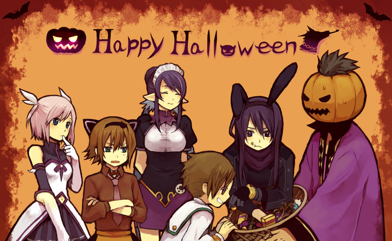 shirataki nako, estellise sidos heurassein, judith (tales), karol capel, raven (tales), rita mordio, yuri lowell, tales of (series), tales of vesperia, bad id, bad pixiv id, 00s, 3boys, 3girls, alternate costume, animal ears, black hair, blue eyes, bracelet, brown eyes, brown hair, candy, cat ears, food, gloves, green eyes, grin, halloween, happy halloween, jack-o'-lantern, jewelry, long hair, multiple boys, multiple girls, necktie, official alternate costume, orange background, pink hair, pointy ears, pumpkin, pumpkin hat, rabbit ears, short hair, smile