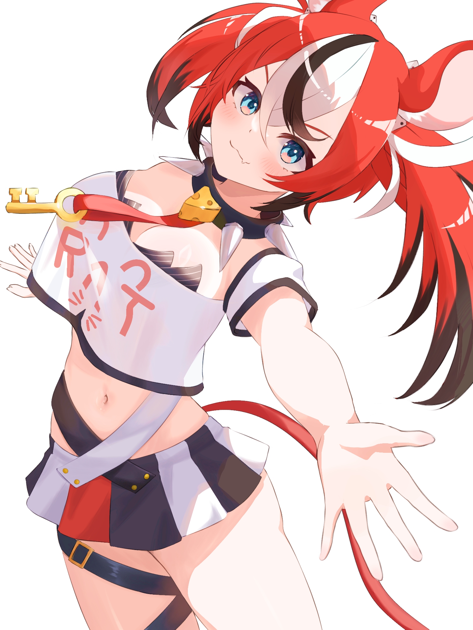 hakos baelz, hakos baelz (1st costume), hololive, hololive english, highres, >:), 1girl, animal ear fluff, animal ears, black hair, black streaks, blue eyes, breasts, cleavage, clothes writing, collar, crop top, crop top overhang, dice, dice hair ornament, fang, hair between eyes, hair ornament, key, mouse ears, mouse tail, multicolored hair, multicolored skirt, navel, outstretched hand, red hair, shirt, skin fang, skirt, smile, spiked collar, spikes, standing, streaked hair, tail, thigh strap, thighs, user hrkc2735, v-shaped eyebrows, virtual youtuber, white hair, white shirt