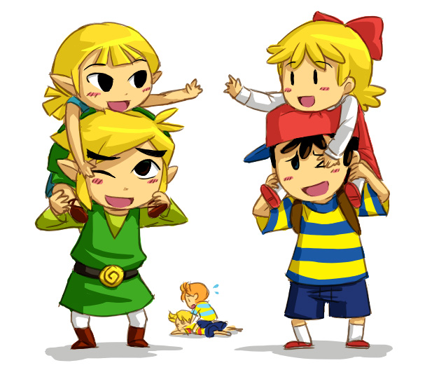 swammi, aryll, claus (mother 3), link, lucas (mother 3), ness (mother 2), toon link, tracy, tracy (mother 2), mother (series), mother 2, mother 3, nintendo, super smash bros., the legend of zelda, the legend of zelda: the wind waker, bad id, bad pixiv id, 2girls, 4boys, black eyes, black hair, blonde hair, brother and sister, carrying, child, company connection, crossover, family bonding, hat, multiple boys, multiple girls, one eye closed, orange hair, pointy ears, quiff, ribbon, shoulder carry, siblings, smile, trait connection, wink