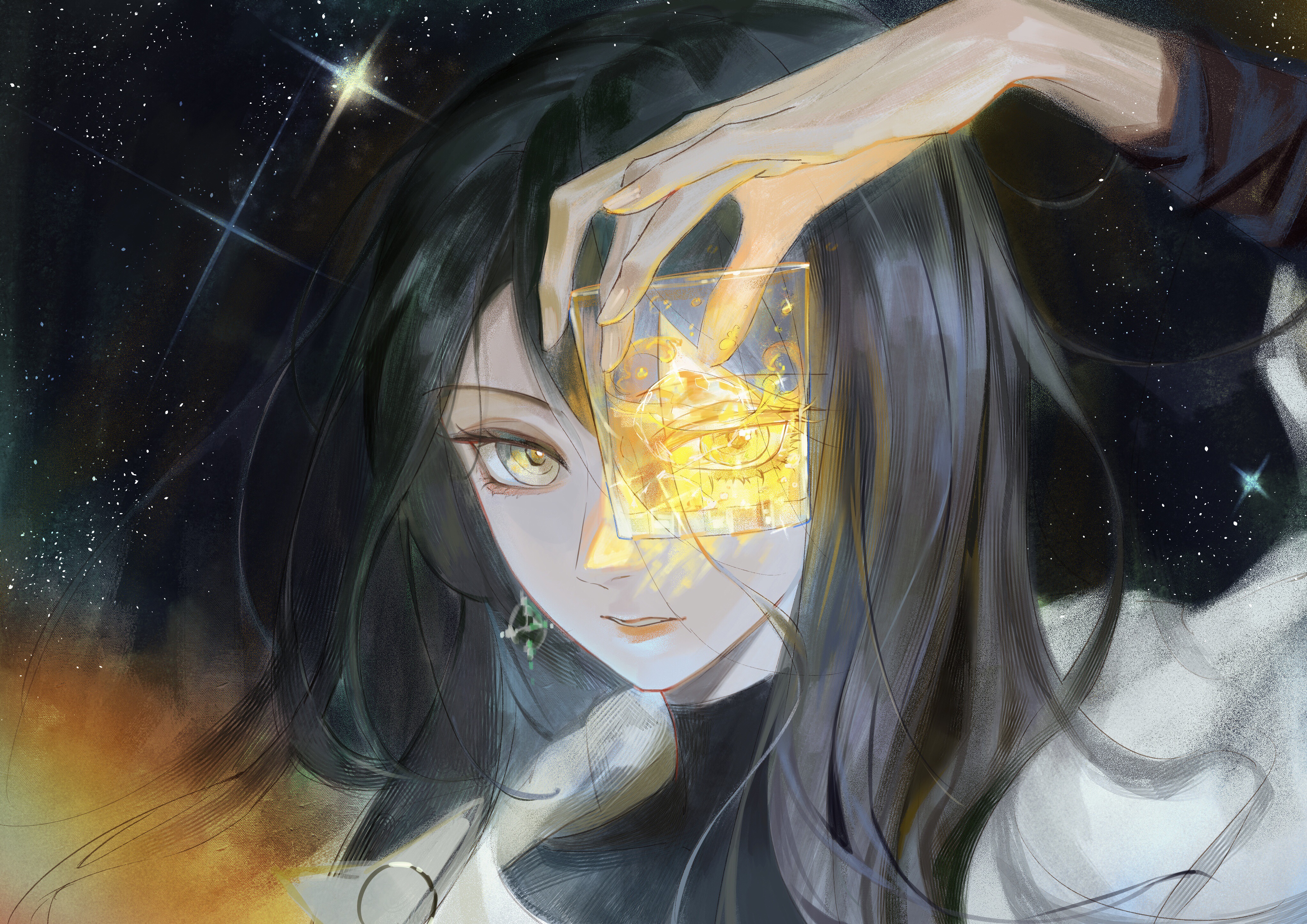 luori dianxin, chief (path to nowhere), female chief (path to nowhere), path to nowhere, absurdres, chinese commentary, commentary request, highres, 1girl, arm up, black hair, black shirt, cup, drinking glass, earrings, hair between eyes, holding, holding cup, jewelry, lipstick, long hair, long hair between eyes, long sleeves, looking through cup, makeup, night, official alternate costume, parted lips, portrait, red lips, shirt, sky, solo, star (sky), starry sky, surprised, undershirt, yellow eyes