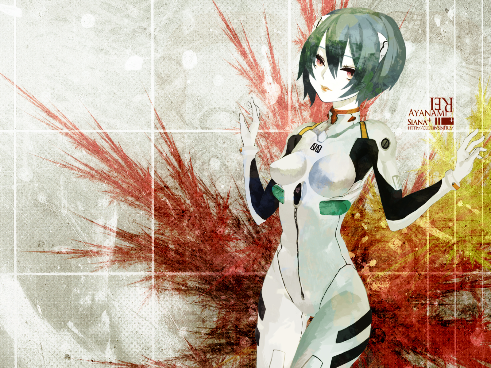 kunimura hakushi, ayanami rei, neon genesis evangelion, highres, 1girl, blue hair, bodysuit, character name, cowboy shot, female focus, gloves, hair between eyes, hair ornament, high contrast, lips, looking at viewer, mecha pilot suit, pale skin, plugsuit (evangelion), red eyes, short hair, solo, thigh gap, turtleneck, watermark, web address