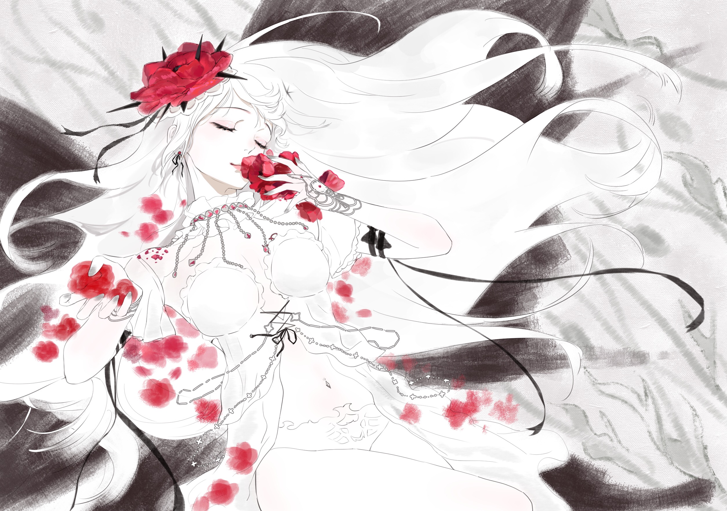 luori dianxin, coquelic (path to nowhere), path to nowhere, chinese commentary, commentary request, highres, 1girl, arm ribbon, babydoll, breasts, choker, closed eyes, closed mouth, collarbone, earrings, flower, frilled choker, frills, hair flower, hair ornament, hair spread out, holding, holding petal, jewelry, limited palette, long hair, lying, medium breasts, midriff, navel, navel piercing, on back, panties, petals, piercing, red flower, red petals, ribbon, smile, solo, spikes, underwear, very long hair