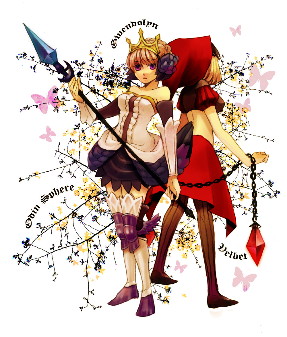 toral26, gwendolyn (odin sphere), velvet (odin sphere), odin sphere, bad id, bad pixiv id, 2girls, armor, armored dress, boots, chain, character name, choker, copyright name, crown, dress, elbow gloves, gloves, hood, multiple girls, polearm, purple eyes, thigh boots, thighhighs, weapon, white hair, wings