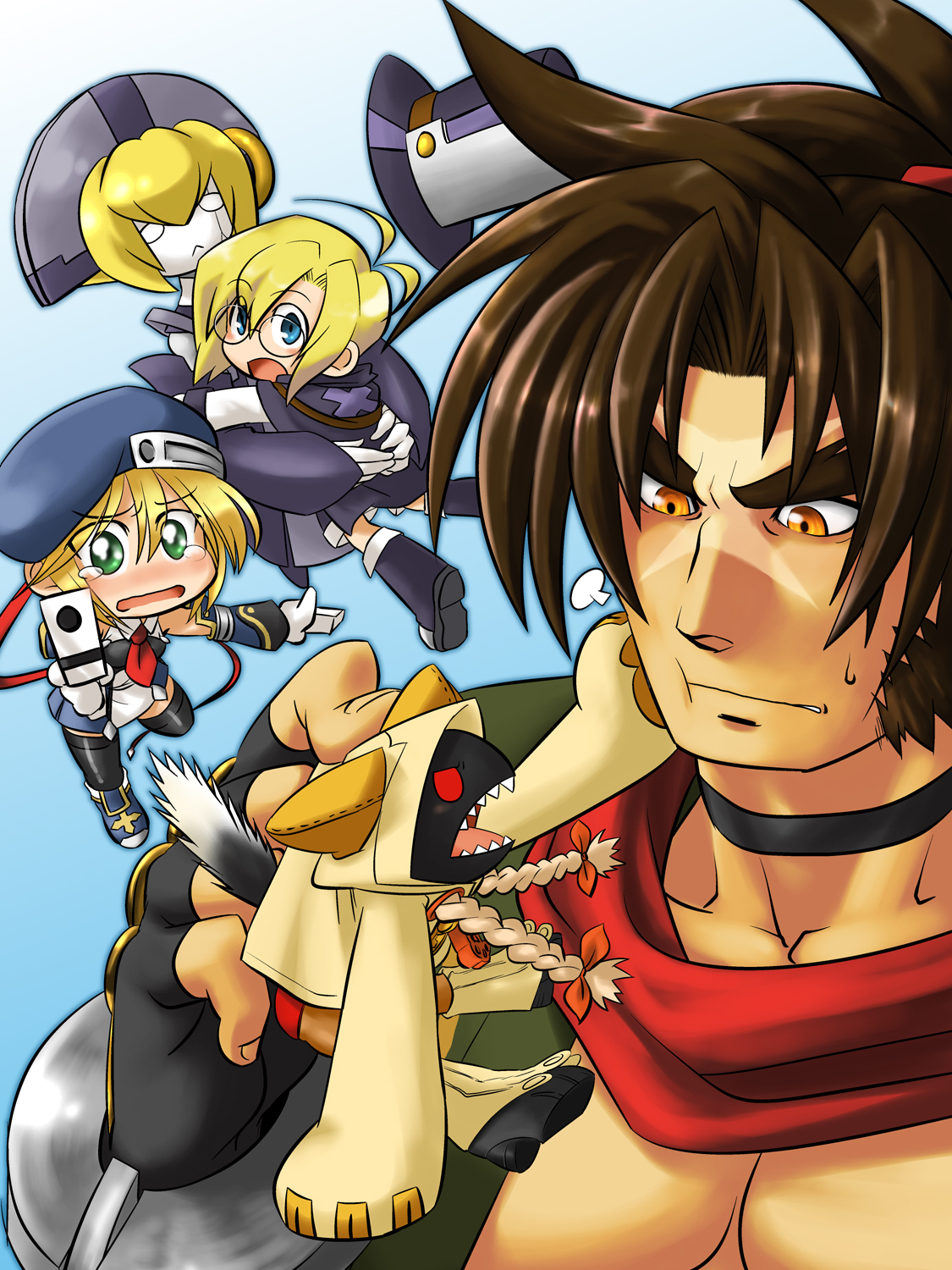 carl clover, nirvana (blazblue), noel vermillion, shishigami bang, taokaka, arc system works, blazblue, blazblue: calamity trigger, highres, 2boys, 3girls, blonde hair, blue eyes, braid, brown hair, chibi, glasses, gloves, green eyes, gun, hat, hood, marionette, multiple boys, multiple girls, puppet, red eyes, tears, thighhighs, top hat, twin braids, weapon, yellow eyes