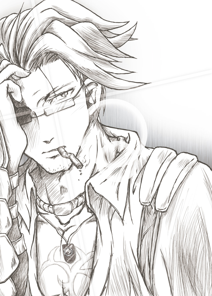 tenten (kamigumo sayo), jeremiah gottwald, code geass, 00s, 1boy, cigarette, facepalm, glasses, gradient background, greyscale, lens flare, male focus, monochrome, smoking, solo, upper body, white background