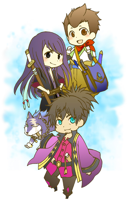 clochro, karol capel, raven (tales), repede (tales), yuri lowell, tales of (series), tales of vesperia, 00s, 3boys, aqua background, bag, black eyes, black hair, blue eyes, brown eyes, brown hair, chain, dog, gloves, kiseru, long hair, male focus, multiple boys, one eye closed, ponytail, scarf, sheath, sheathed, smoking pipe, sword, weapon, wink