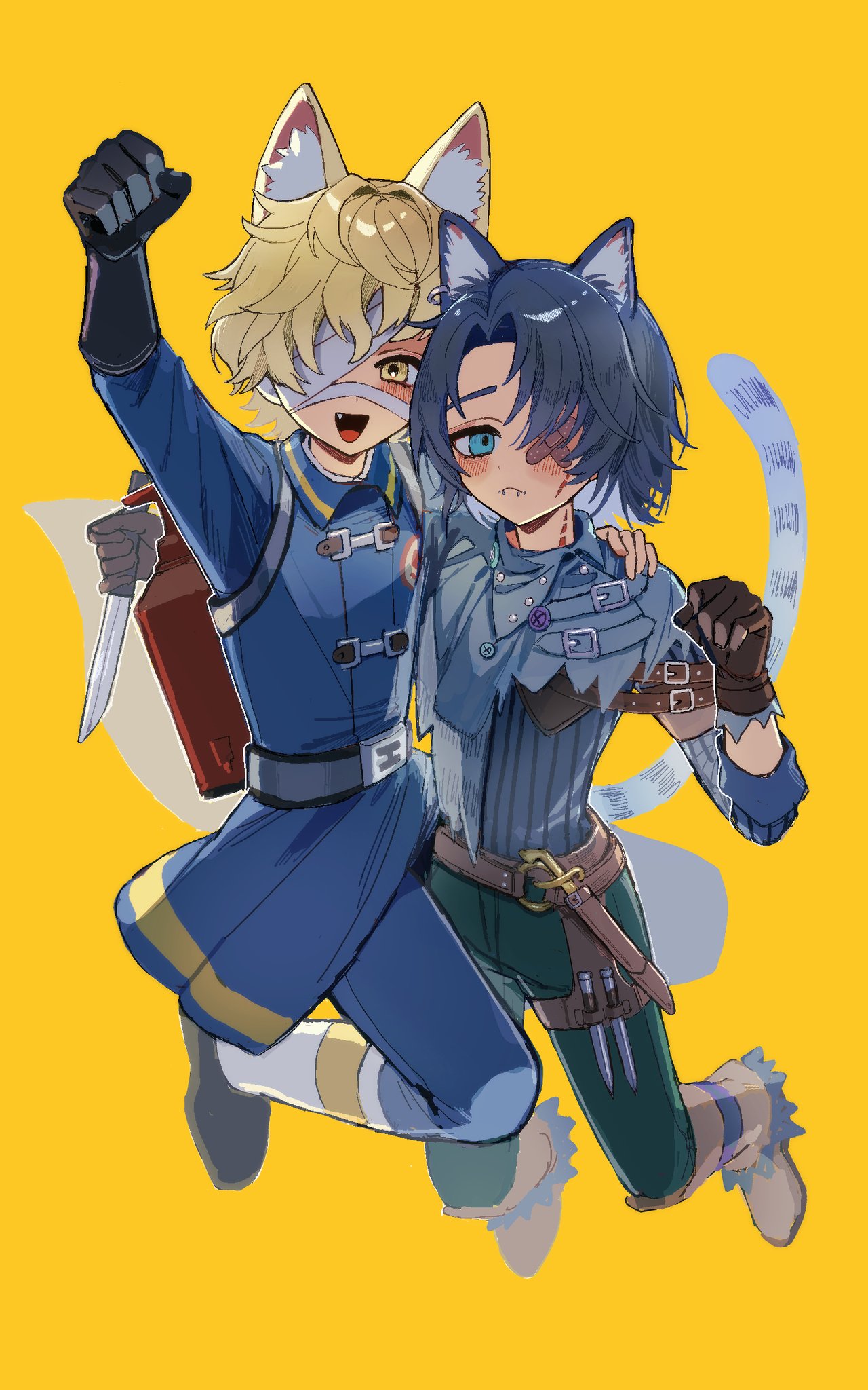 florian brand, matthias czernin, matthias czernin (striding between realms), identity v, highres, 2boys, 37mimi aim, :<, :d, animal ears, arm up, bandage over one eye, bandaid on eye, black gloves, blonde hair, blue coat, blue eyes, blue hair, blue pants, blush, brown gloves, cat boy, cat ears, cat tail, coat, crossed bandaids, face piercing, fang, fox ears, full body, gloves, green pants, hair intakes, harness, holding, holding knife, knife, lip piercing, looking at viewer, male focus, multiple boys, official alternate costume, open mouth, pants, paw pose, piercing, side part, smile, tail, yellow background, yellow eyes