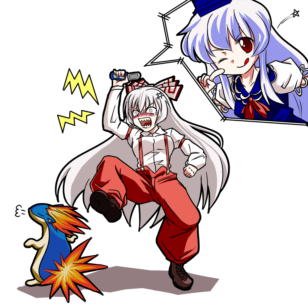 copycat (dryfood), copycat (homura), fujiwara no mokou, kamishirasawa keine, quilava, nintendo, pokemon, team shanghai alice, touhou, bad id, bad pixiv id, 2girls, :q, ;p, angry, female focus, fiery hair, fiery tail, fire, gen 2 pokemon, multiple girls, one eye closed, pokemon (creature), sharp teeth, tail, teeth, tongue, tongue out, wink