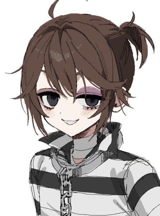 luca balsa, identity v, 1boy, 37mimi aim, ahoge, bandaged neck, bandages, black eyes, bruise, bruised eye, chain, collar, grin, hair between eyes, half-closed eye, injury, light blush, male focus, metal collar, ponytail, popped collar, portrait, shirt, short ponytail, smile, solo, striped clothes, striped shirt, uneven eyes