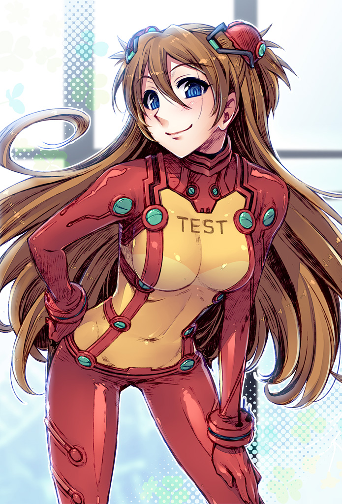 redrop, souryuu asuka langley, neon genesis evangelion, rebuild of evangelion, 00s, 1girl, blue eyes, bodysuit, breasts, brown hair, cleavage, female focus, leaning forward, long hair, mecha pilot suit, multicolored bodysuit, plugsuit (evangelion), see-through cleavage, see-through clothes, smile, solo, test plugsuit (evangelion), two-tone bodysuit, very long hair